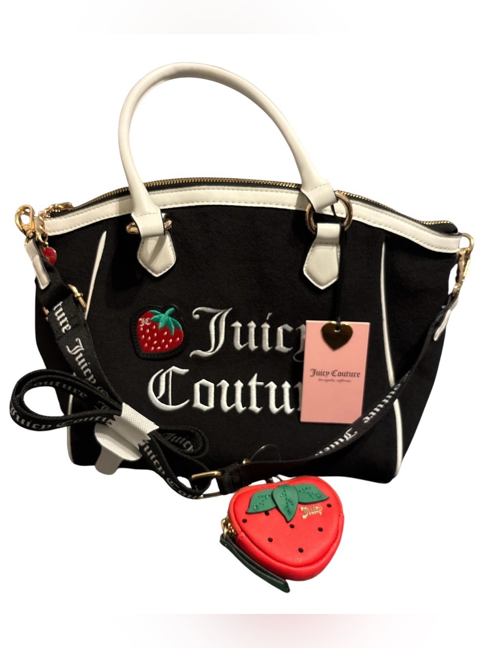 Juicy Couture Black & White Crossbody Bag with Red Strawberry Charm